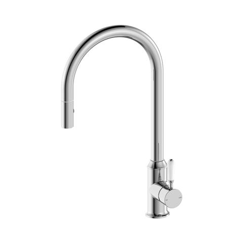 York Pull Out Sink Mixer With Vegie Spray Function With White Porcelain Lever