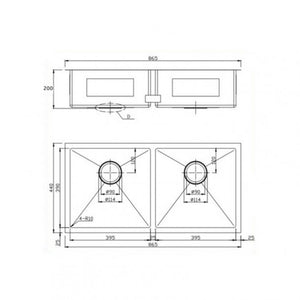 CH8644R.KS 1.2mm Handmade Double Bowls Top-Undermount Kitchen Sink Round Corner 865x440x200mm AQ