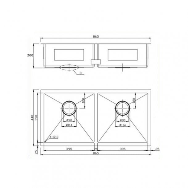 CH8644R.KS 1.2mm Handmade Double Bowls Top-Undermount Kitchen Sink Round Corner 865x440x200mm AQ