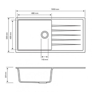 TWMD-100L 1000 x 500 x 220mm Carysil Black Single Bowl With Drainer Board Granite Kitchen Sink Top-Flush-Under Mount AQ