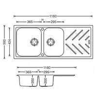 TWM-NBD200 1160x500x200mm Black Granite Quartz Stone 1 and 3OVER4 Kitchen Sink Double Bowls Drainboard Topmount AQ