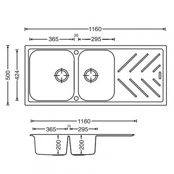 TWM-NBD200 1160x500x200mm Black Granite Quartz Stone 1 and 3OVER4 Kitchen Sink Double Bowls Drainboard Topmount AQ