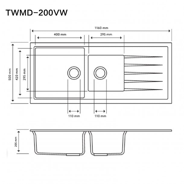 TWMD-200VW 1160 x 500 x 205mm Carysil White 1 and A Half Bowl With Drainer Board Granite Kitchen Sink Top-Flush-Under Mount AQ
