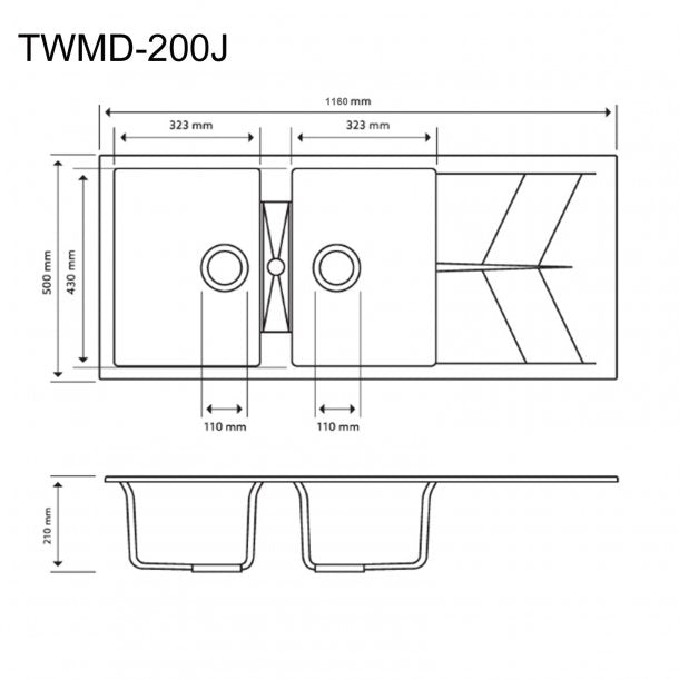 TWMD-200J 1160 x 500 x 210mm Carysil Black Double Bowl Drainer Board Granite Kitchen Sink Top-Flush-Under Mount AQ