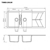 TWMD-200JW 1160 x 500 x 210mm Carysil White Double Bowl Drainer Board Granite Kitchen Sink Top-Flush-Under Mount AQ