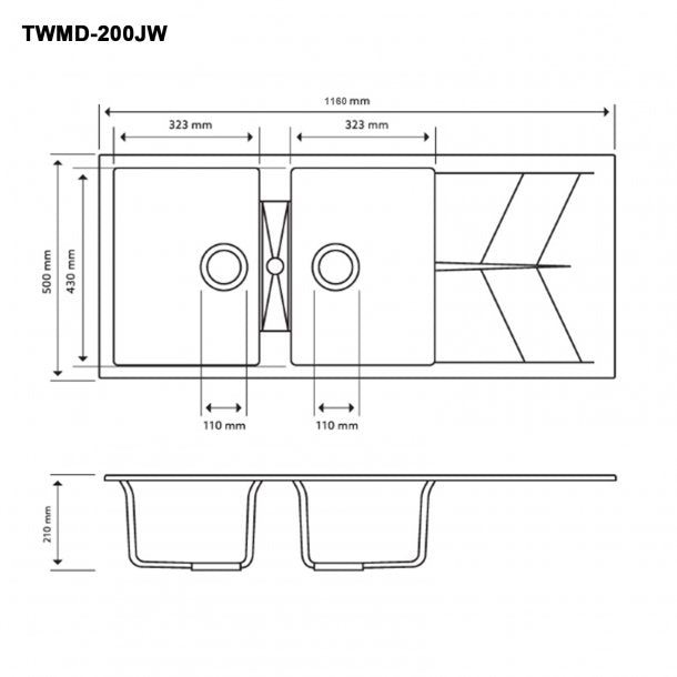 TWMD-200JW 1160 x 500 x 210mm Carysil White Double Bowl Drainer Board Granite Kitchen Sink Top-Flush-Under Mount AQ