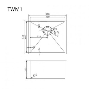 TWM1 490x440x230mm 1.2mm Handmade Top-Undermount Single Bowl Kitchen-Laundry Sink AQ