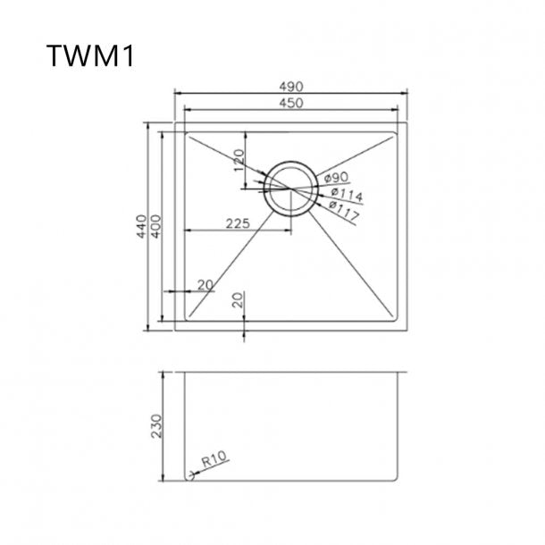 TWM1 490x440x230mm 1.2mm Handmade Top-Undermount Single Bowl Kitchen-Laundry Sink AQ