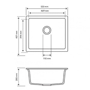 TWM-S 533 x 457 x 205mm Carysil Black Single Bowl Granite Kitchen-Laundry Sink Top-Flush-Under Mount AQ