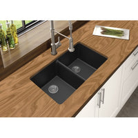 OX8347.KS Black Kitchen Sink Granite Stone Under Mount Double Bowls 838X476X241mm AQ