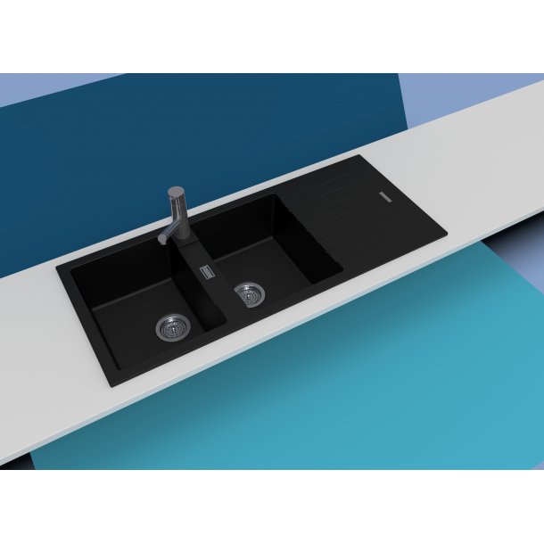 OX1150.KS Black Granite Quartz Stone Kitchen Sink Double Bowls Drainboard Top-Undermount 1160X500X200mm AQ