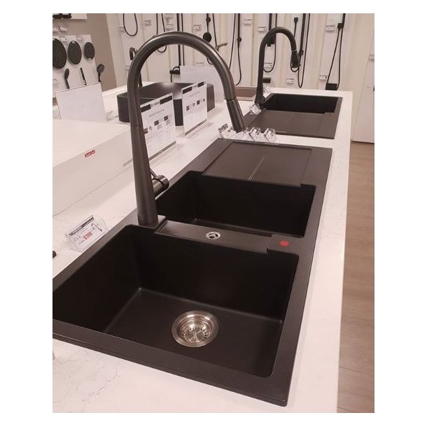 TWM-ED200 1160 x 500 x 200mm Carysil Black Double Bowl with Drainer Board Granite Kitchen Sink Top Mount AQ
