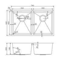 TWMPS740 740x440x200mm 1.2mm Handmade Double Bowls Top-Undermount Kitchen-Laundry Sink AQ