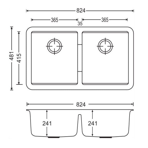 TWM3322 824 x 481 x 241mm Carysil Black Double Bowls Granite Undermount Kitchen Sink AQ