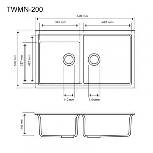 TWMN-200 860 x 500 x 205mm Carysil Black Double Bowl Granite Kitchen Sink Top-Flush-Under Mount AQ
