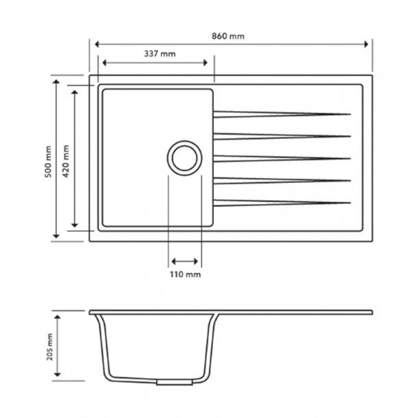 TWMD-100 860 x 500 x 205mm Carysil Black Single Bowl With Drainer Board Granite Kitchen Sink Top-Flush-Under Mount AQ