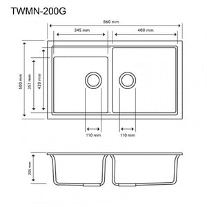 TWMN-200G 860 x 500 x 205mm Carysil Concrete Grey Double Bowl Granite Kitchen Sink Top-Flush-Under Mount AQ