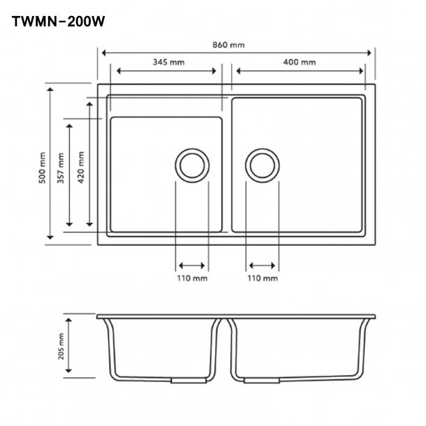 TWMN-200W 860 x 500 x 205mm Carysil White Double Bowl Granite Kitchen Sink Top-Flush-Under Mount AQ