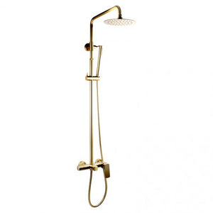 BUG2186.SH 8'' Round Brushed Gold Adjustable Rail Shower Station With Diverter Bottom Inlet AQ