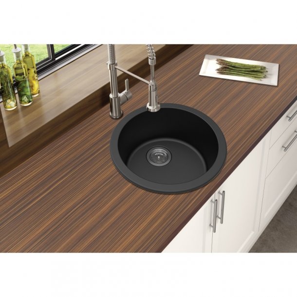 OX460.KS Black Granite Quartz Stone Kitchen-Laundry Sink Round Single Bowl Top-Under Mount 460mm AQ