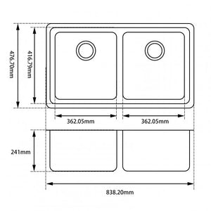 OX8347.KS Black Kitchen Sink Granite Stone Under Mount Double Bowls 838X476X241mm AQ