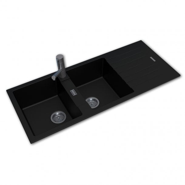 OX1150.KS Black Granite Quartz Stone Kitchen Sink Double Bowls Drainboard Top-Undermount 1160X500X200mm AQ