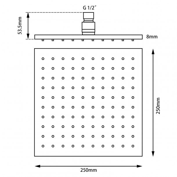 OX0135.SH Square Black Brass Rainfall Shower Head 250mm AQ