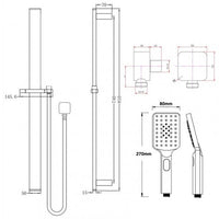 OX2149.SH.N+OX-S8.HHS Square Black Sliding Shower Rail with 3 Mode Handheld Shower Wall Connector Set AQ