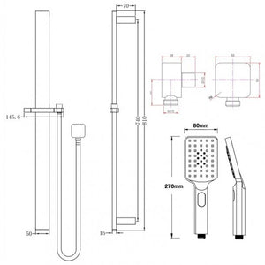 OX2149.SH.N+OX-S8.HHS Square Black Sliding Shower Rail with 3 Mode Handheld Shower Wall Connector Set AQ