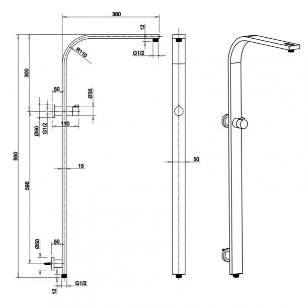 OX2150.SH.N Square Black Wide Shower Rail with Diverter Top Water Inlet AQ