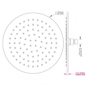 OX0007.SH Super-slim Round Black Rainfall Shower Head 250mm AQ