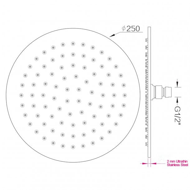 OX0007.SH Super-slim Round Black Rainfall Shower Head 250mm AQ