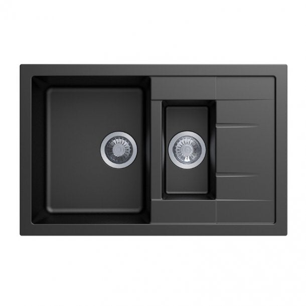 TWMD-150 780 x 500 x 205mm Carysil Black 1 and 1OVER4 Bowl Drainer Granite Kitchen Sink Top-Flush-Under Mount AQ