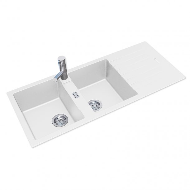 WH1150.KS 1160X500X200mm White Granite Quartz Stone Kitchen Sink Double Bowls Drainboard Top-Undermount AQ